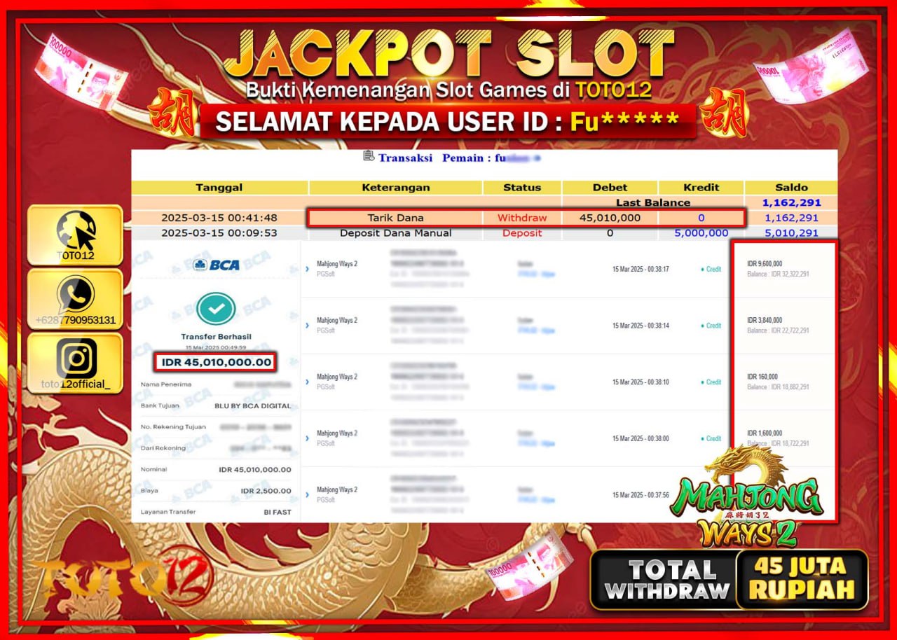 HANYA DI TOTO12 JP PASTI DI BAYAR LUNAS DAN CEPAT!!!!!! JACKPOT SLOT GAME (MAHJONG WAYS 2) Rp.45.000.000 !!!!