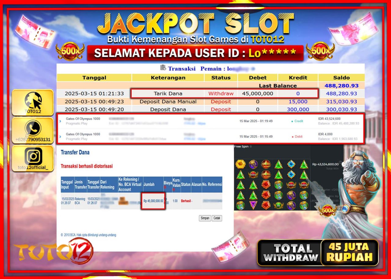 HANYA DI TOTO12 JP PASTI DI BAYAR LUNAS DAN CEPAT!!!!!! JACKPOT SLOT GAME (GATES OF OLYMPUS 1000) Rp.45.000.000 !!!!