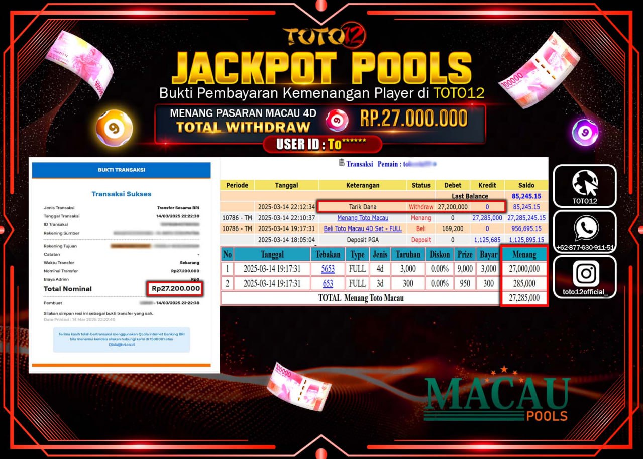 HANYA DI TOTO12 JP PASTI DI BAYAR LUNAS DAN CEPAT!!!!!! JACKPOT POOLS PASARAN (TOTO MACAU4D) Rp.27.000.000 !!!!