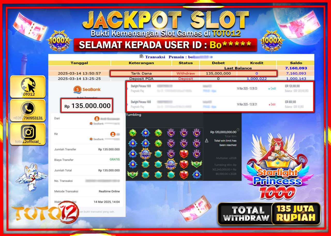 HANYA DI TOTO12 JP PASTI DI BAYAR LUNAS DAN CEPAT!!!!!! JACKPOT SLOT GAME (STARLIGHT PRINCESS 1000) Rp.135.000.000 !!!!