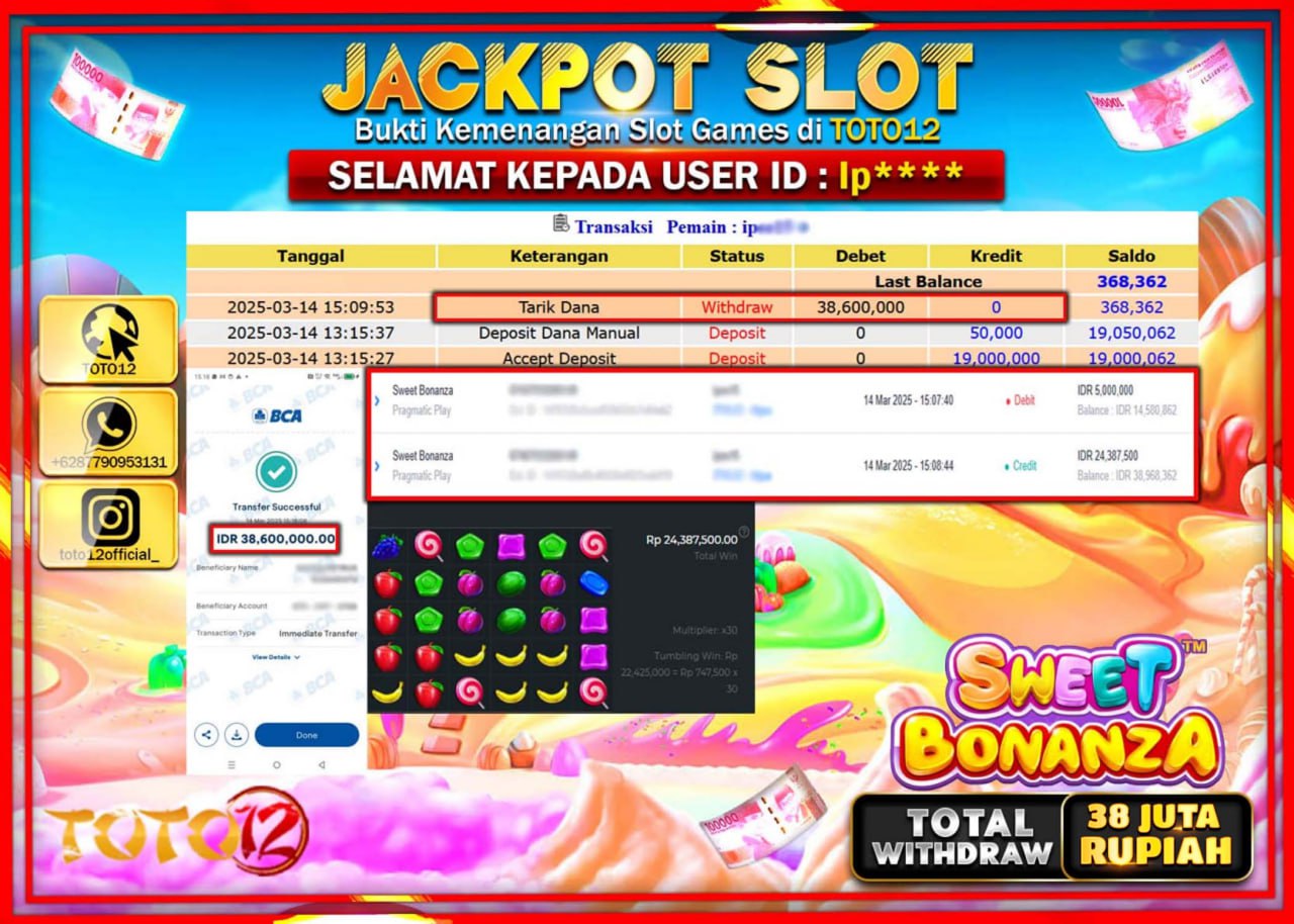 HANYA DI TOTO12 JP PASTI DI BAYAR LUNAS DAN CEPAT!!!!!! JACKPOT SLOT GAME (SWEET BONANZA) Rp.38.000.000 !!!!