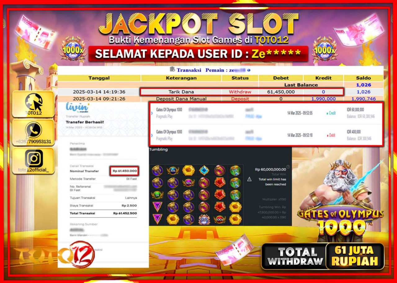 HANYA DI TOTO12 JP PASTI DI BAYAR LUNAS DAN CEPAT!!!!!! JACKPOT SLOT GAME (GATES OF OLYMPUS 1000) Rp.61.000.000 !!!!