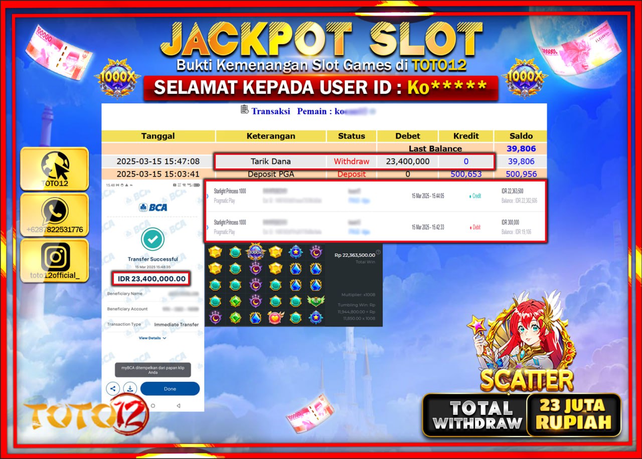 HANYA DI TOTO12 JP PASTI DI BAYAR LUNAS DAN CEPAT!!!!!! JACKPOT SLOT GAME (STARLIGHT PRINCESS 1000) Rp.23.000.000 !!!!