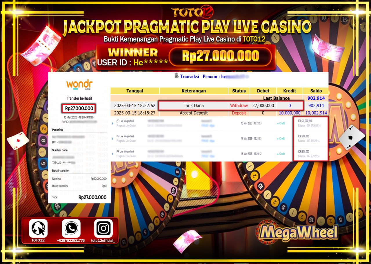 HANYA DI TOTO12 JP PASTI DI BAYAR LUNAS DAN CEPAT!!!!!! JACKPOT PRAGMATIC PLAY LIVE CASINO (MEGA WHEEL) Rp.27.000.000 !!!!