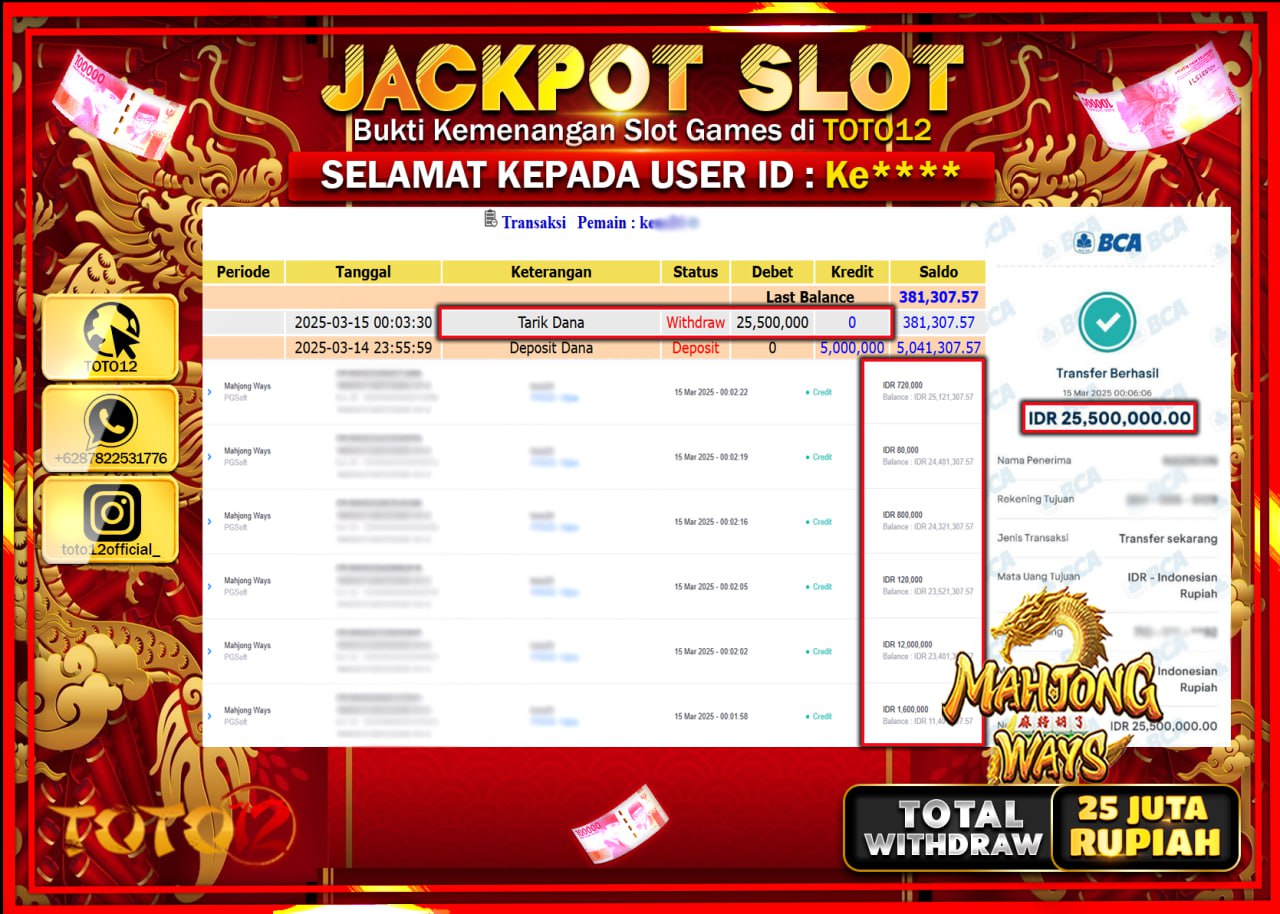 HANYA DI TOTO12 JP PASTI DI BAYAR LUNAS DAN CEPAT!!!!!! JACKPOT SLOT GAME (MAHJONG WAYS) Rp.25.000.000 !!!!