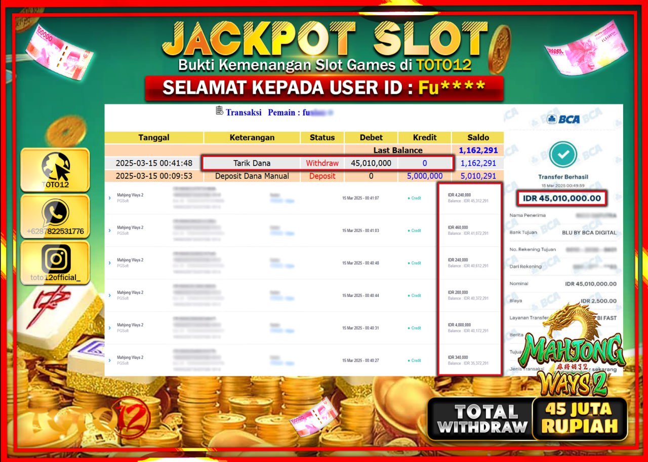 HANYA DI TOTO12 JP PASTI DI BAYAR LUNAS DAN CEPAT!!!!!! JACKPOT SLOT GAME (MAHJONG WAYS 2) Rp.45.000.000 !!!!