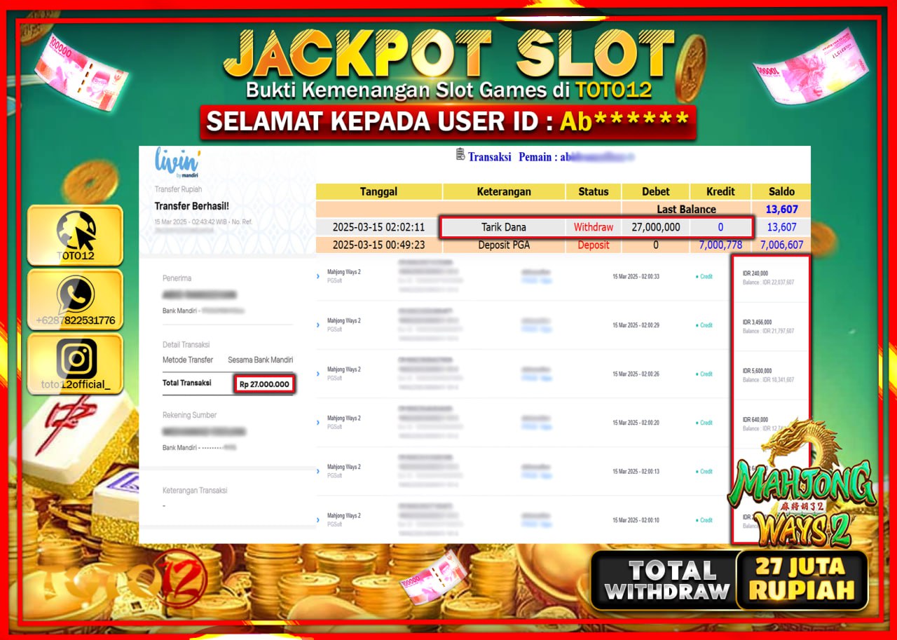 HANYA DI TOTO12 JP PASTI DI BAYAR LUNAS DAN CEPAT!!!!!! JACKPOT SLOT GAME (MAHJONG WAYS 2) Rp.27.000.000 !!!!