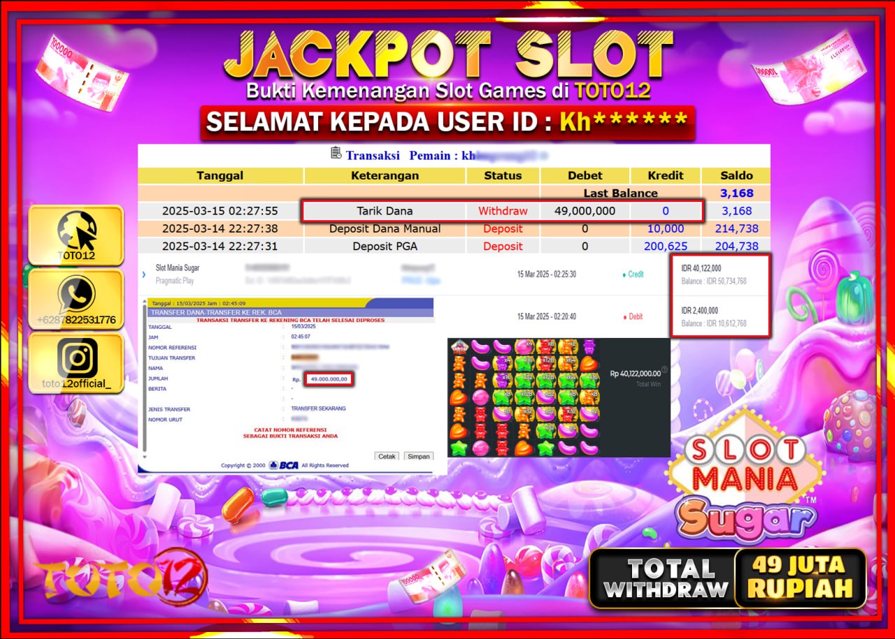 HANYA DI TOTO12 JP PASTI DI BAYAR LUNAS DAN CEPAT!!!!!! JACKPOT SLOT GAME (SLOT MANIA SUGAR) Rp.49.000.000 !!!!