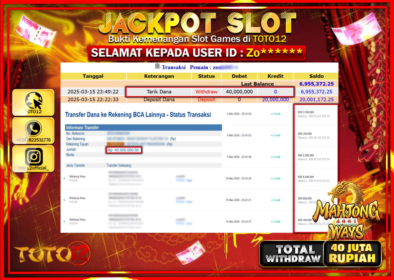 HANYA DI TOTO12 JP PASTI DI BAYAR LUNAS DAN CEPAT!!!!!! JACKPOT SLOT GAME (MAHJONG WAYS) Rp.40.000.000 !!!!