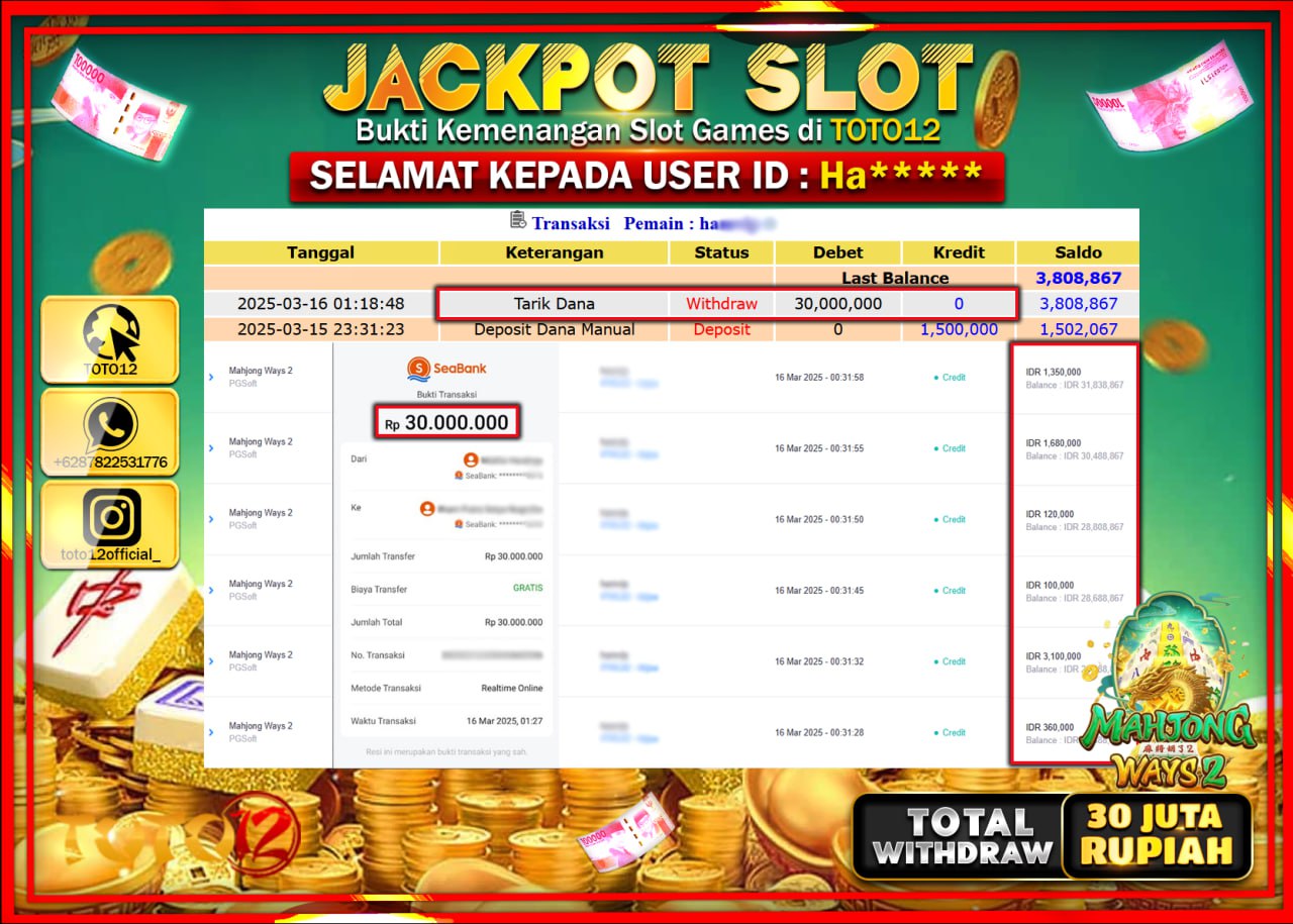 HANYA DI TOTO12 JP PASTI DI BAYAR LUNAS DAN CEPAT!!!!!! JACKPOT SLOT GAME (MAHJONG WAYS 2) Rp.30.000.000 !!!!
