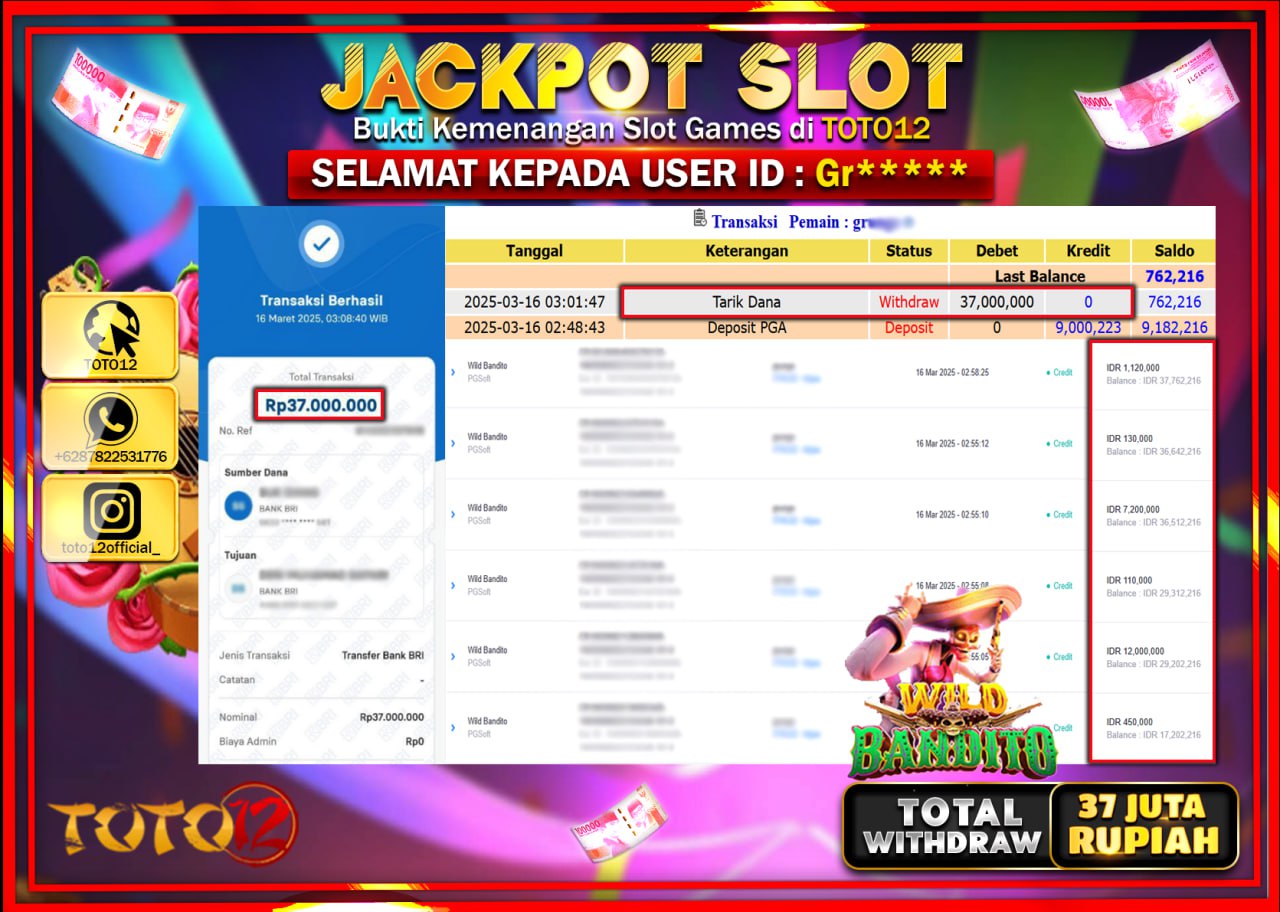 HANYA DI TOTO12 JP PASTI DI BAYAR LUNAS DAN CEPAT!!!!!! JACKPOT SLOT GAME (WILD BANDITO) Rp.37.000.000 !!!!