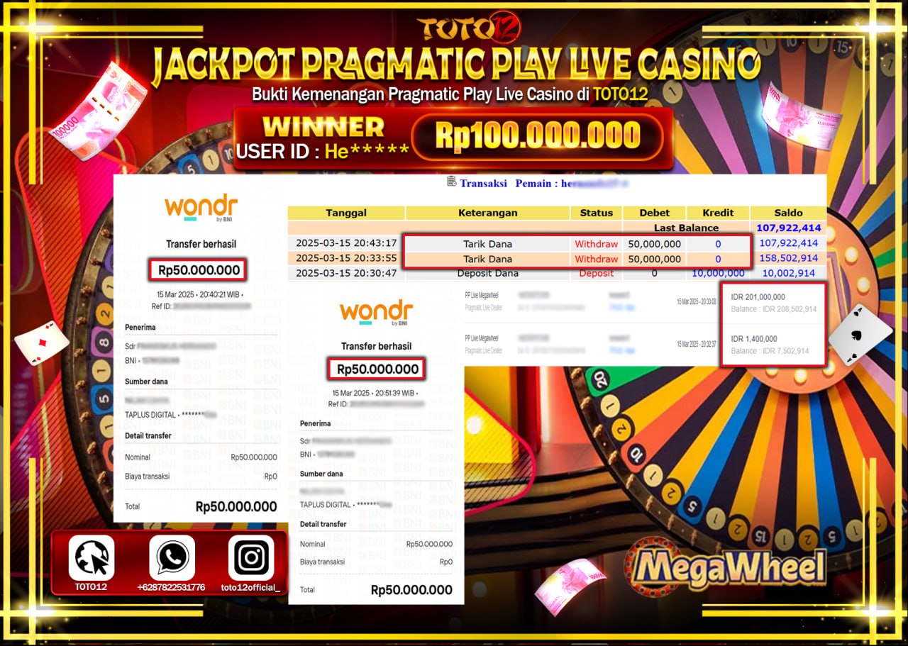 HANYA DI TOTO12 JP PASTI DI BAYAR LUNAS DAN CEPAT!!!!!! JACKPOT PRAGMATIC PLAY LIVE CASINO (MEGA WHEEL) Rp.100.000.000 !!!!