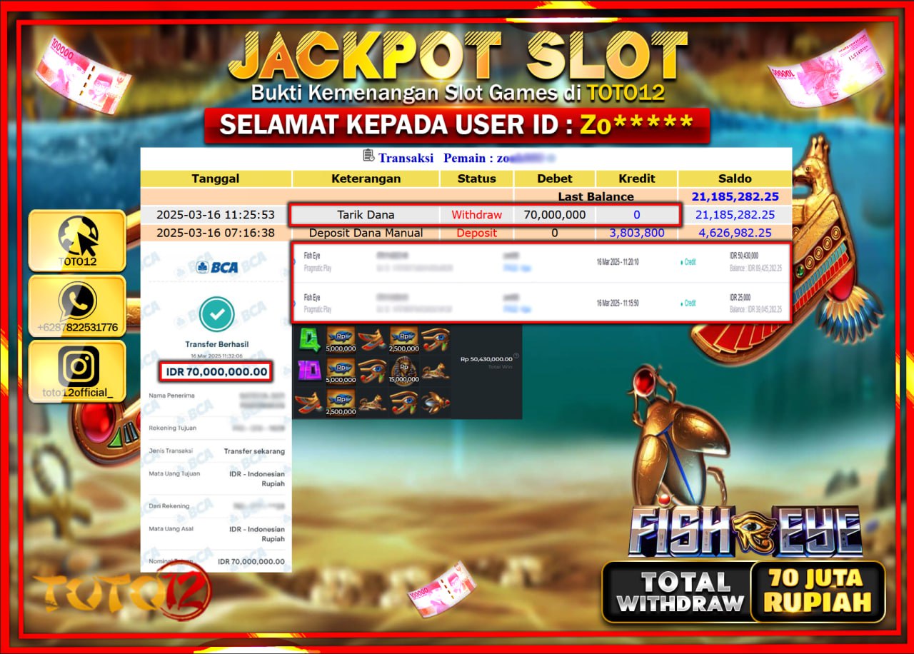 HANYA DI TOTO12 JP PASTI DI BAYAR LUNAS DAN CEPAT!!!!!! JACKPOT SLOT GAME (FISH EYE) Rp.70.000.000 !!!!
