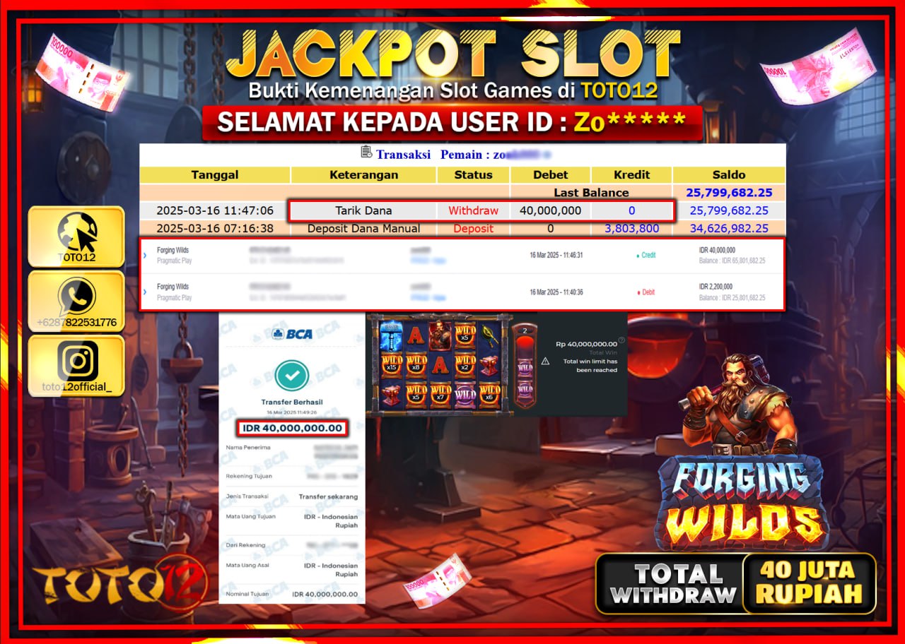 HANYA DI TOTO12 JP PASTI DI BAYAR LUNAS DAN CEPAT!!!!!! JACKPOT SLOT GAME (FORGING WILDS) Rp.40.000.000 !!!!