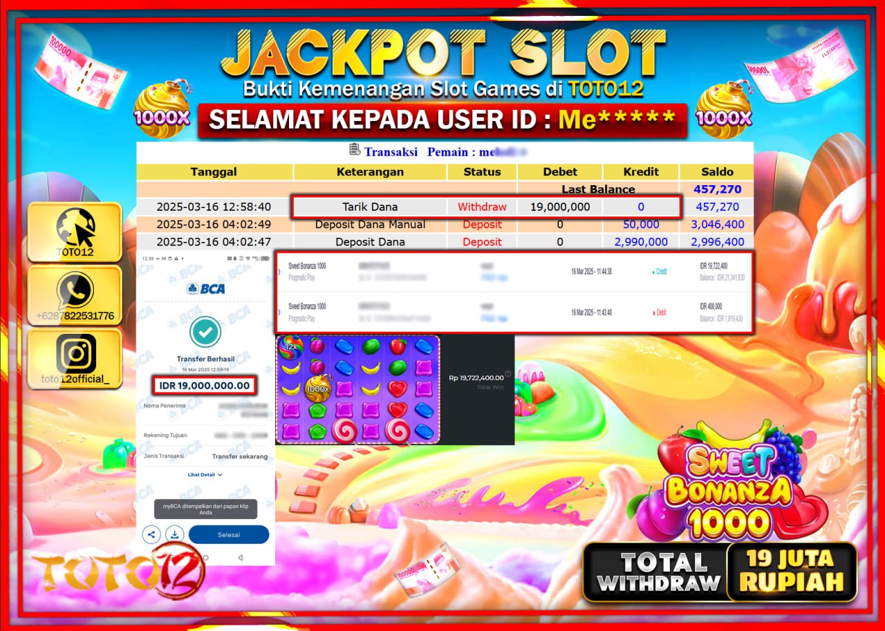 HANYA DI TOTO12 JP PASTI DI BAYAR LUNAS DAN CEPAT!!!!!! JACKPOT SLOT GAME (SWEET BONANZA 1000) Rp.19.000.000 !!!!