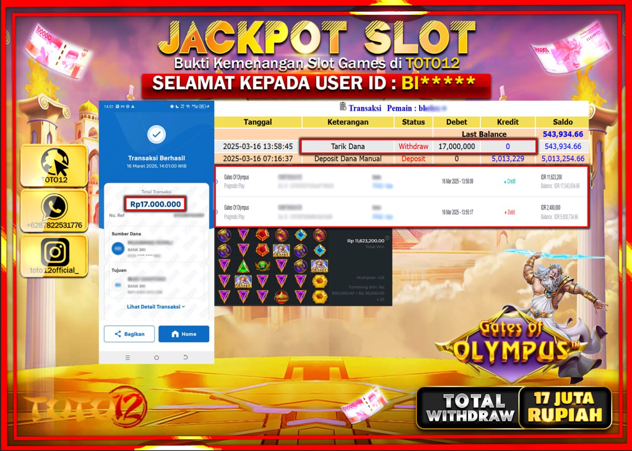 HANYA DI TOTO12 JP PASTI DI BAYAR LUNAS DAN CEPAT!!!!!! JACKPOT SLOT GAME (GATES OF OLYMPUS) Rp.17.000.000 !!!!