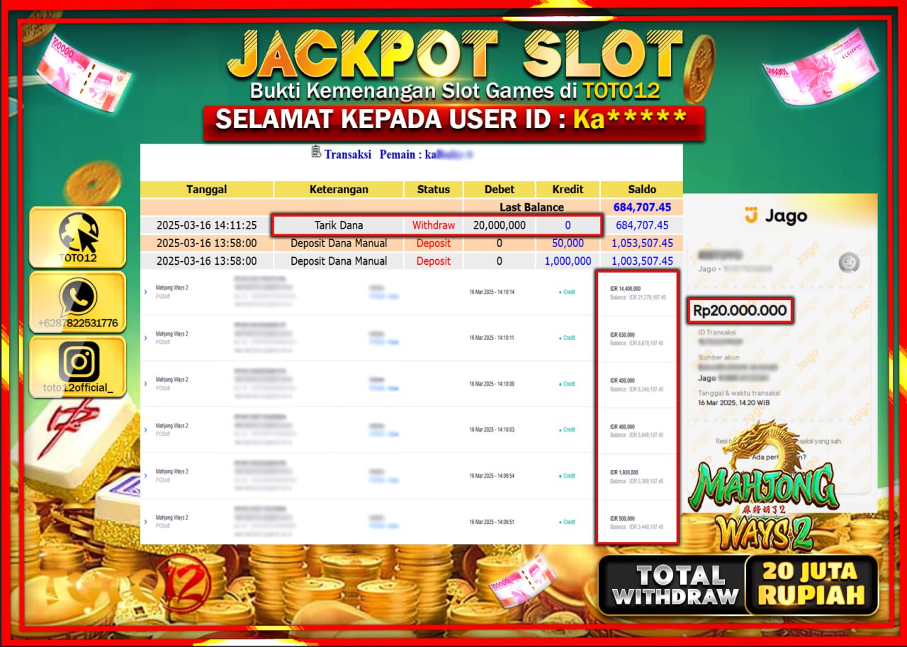 HANYA DI TOTO12 JP PASTI DI BAYAR LUNAS DAN CEPAT!!!!!! JACKPOT SLOT GAME (MAHJONG WAYS 2) Rp.20.000.000 !!!!