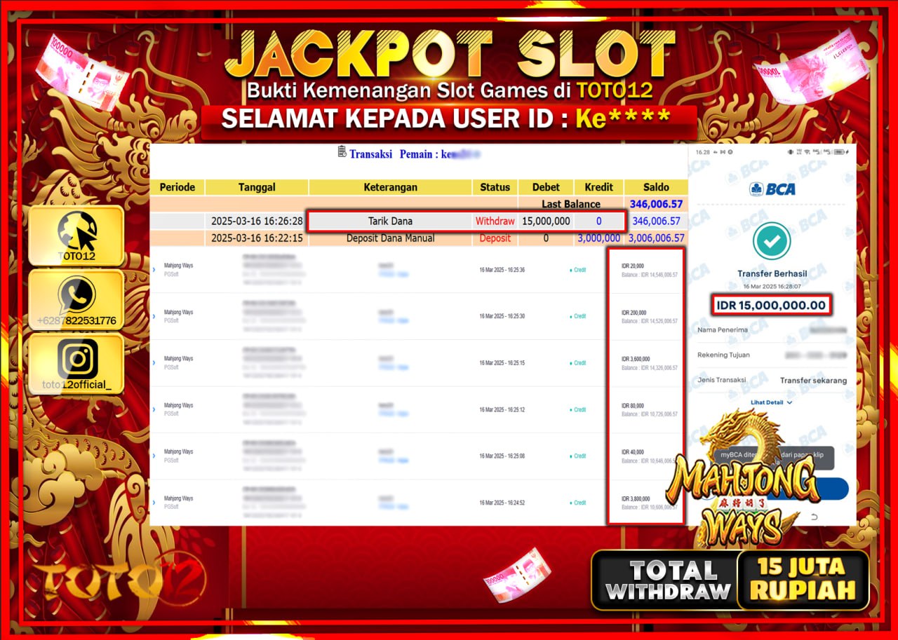 HANYA DI TOTO12 JP PASTI DI BAYAR LUNAS DAN CEPAT!!!!!! JACKPOT SLOT GAME (MAHJONG WAYS) Rp.15.000.000 !!!!