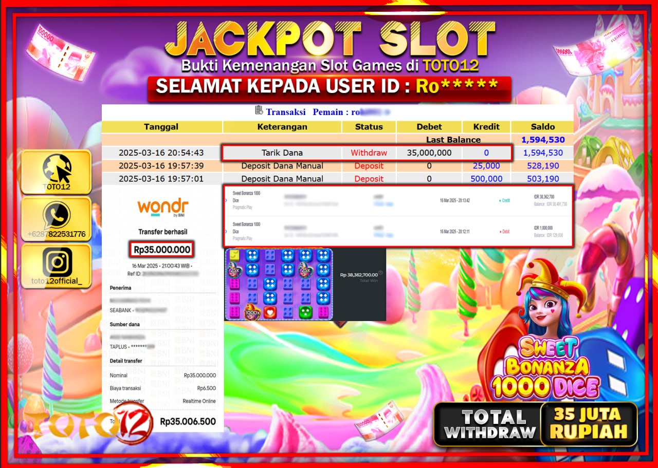 HANYA DI TOTO12 JP PASTI DI BAYAR LUNAS DAN CEPAT!!!!!! JACKPOT SLOT GAME (SWEET BONANZA 1000 DICE) Rp.35.000.000 !!!!