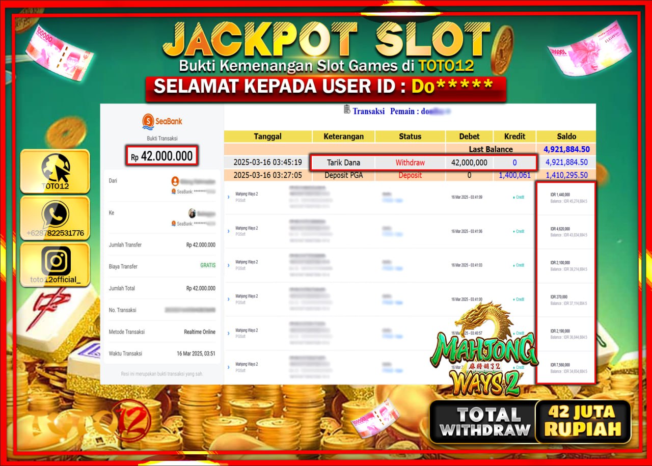 HANYA DI TOTO12 JP PASTI DI BAYAR LUNAS DAN CEPAT!!!!!! JACKPOT SLOT GAME (MAHJONG WAYS 2) Rp.42.000.000 !!!!