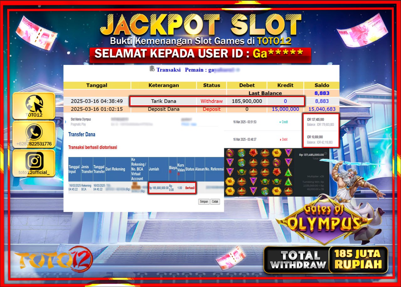 HANYA DI TOTO12 JP PASTI DI BAYAR LUNAS DAN CEPAT!!!!!! JACKPOT SLOT GAME (GATES OF OLYMPUS) Rp.185.000.000 !!!!
