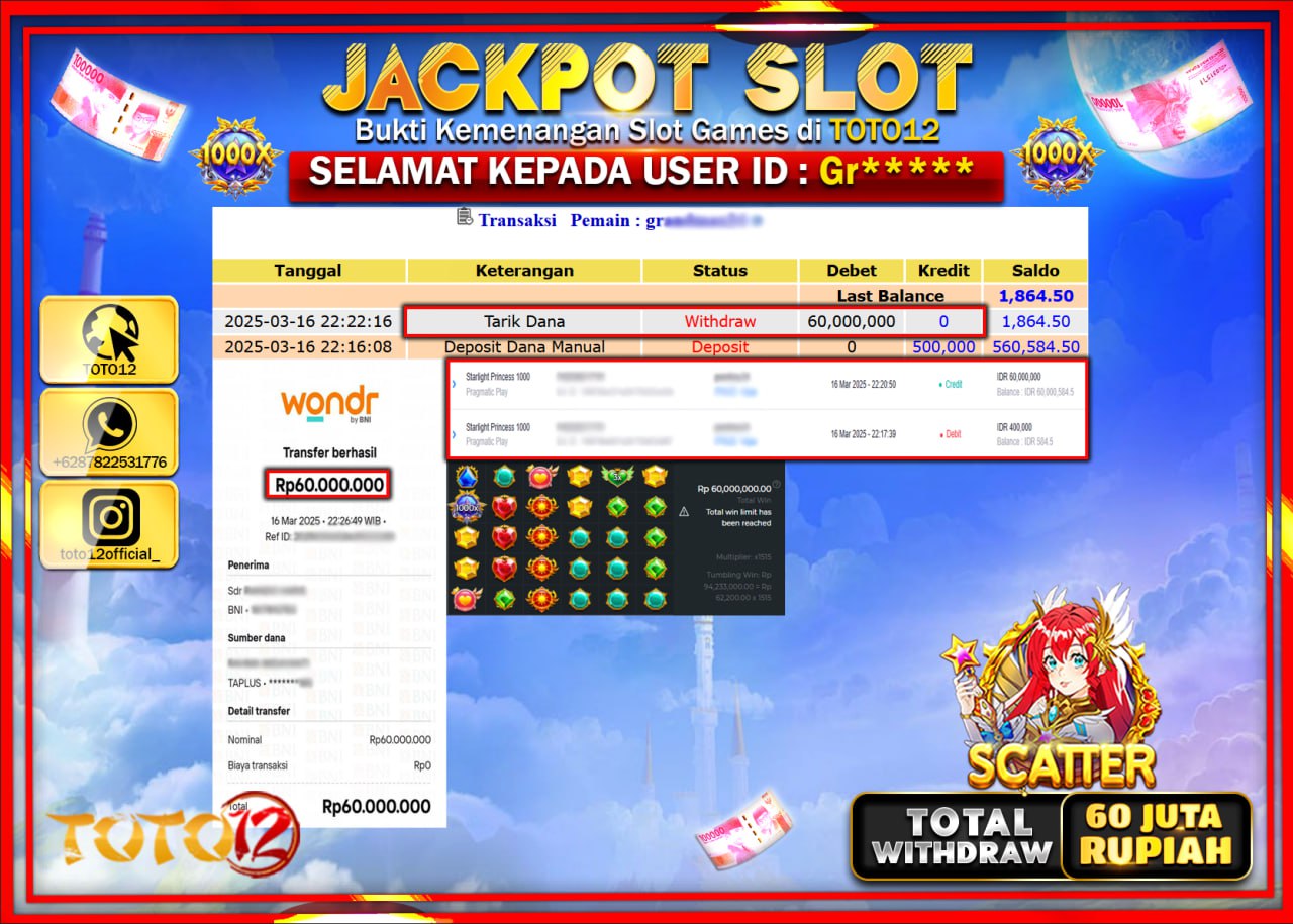 HANYA DI TOTO12 JP PASTI DI BAYAR LUNAS DAN CEPAT!!!!!! JACKPOT SLOT GAME (STARLIGHT PRINCESS 1000) Rp.60.000.000 !!!!