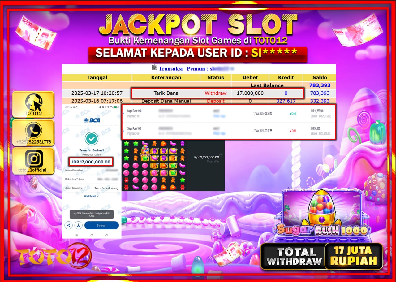 HANYA DI TOTO12 JP PASTI DI BAYAR LUNAS DAN CEPAT!!!!!! JACKPOT SLOT GAME (SUGAR RUSH 1000) Rp.17.000.000 !!!!