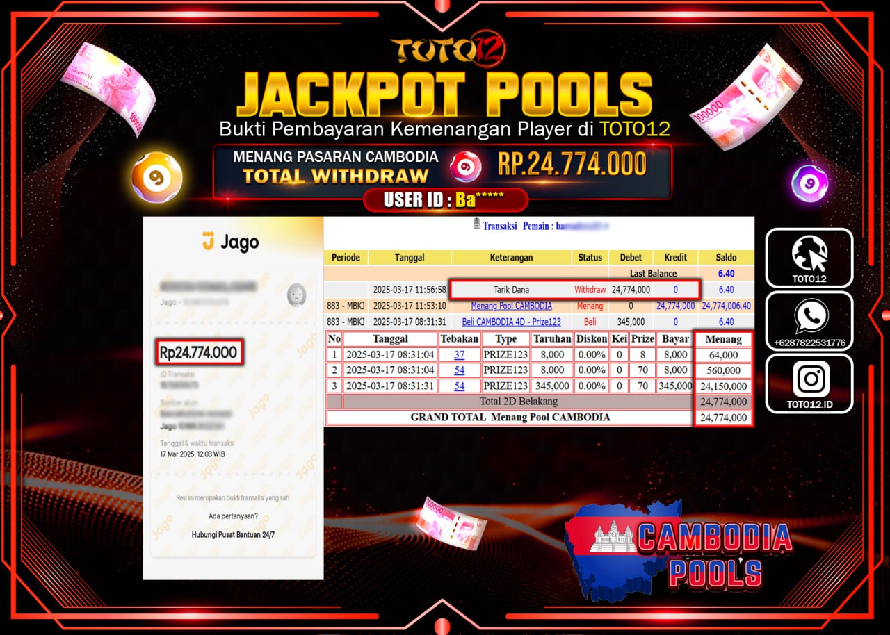 HANYA DI TOTO12 JP PASTI DI BAYAR LUNAS DAN CEPAT!!!!!! JACKPOT POOLS PASARAN (CAMBODIA) Rp.24.774.000 !!!!