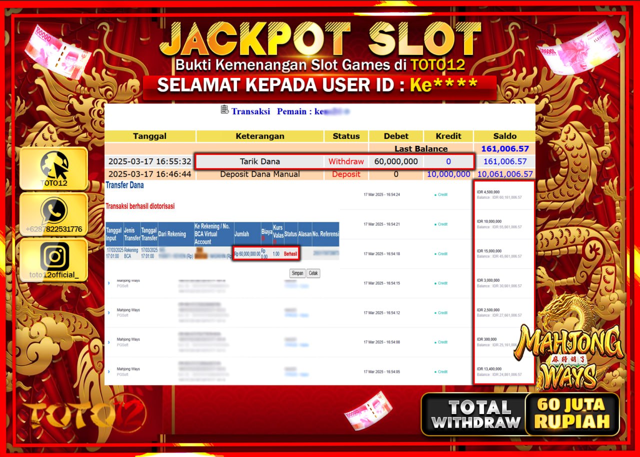 HANYA DI TOTO12 JP PASTI DI BAYAR LUNAS DAN CEPAT!!!!!! JACKPOT SLOT GAME (MAHJONG WAYS) Rp.60.000.000 !!!!