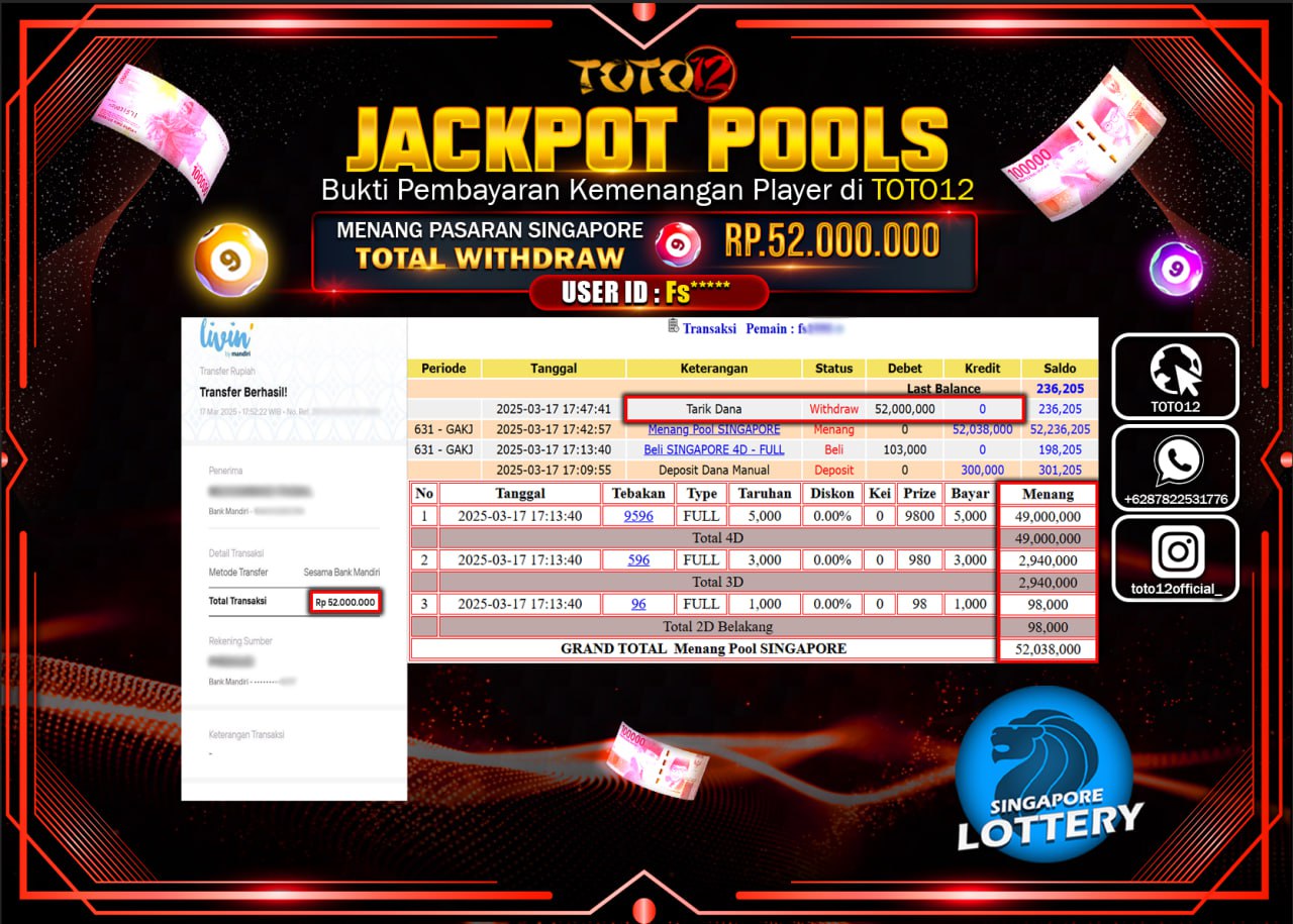 HANYA DI TOTO12 JP PASTI DI BAYAR LUNAS DAN CEPAT!!!!!! JACKPOT POOLS PASARAN (SINGAPORE) Rp.52.000.000 !!!!
