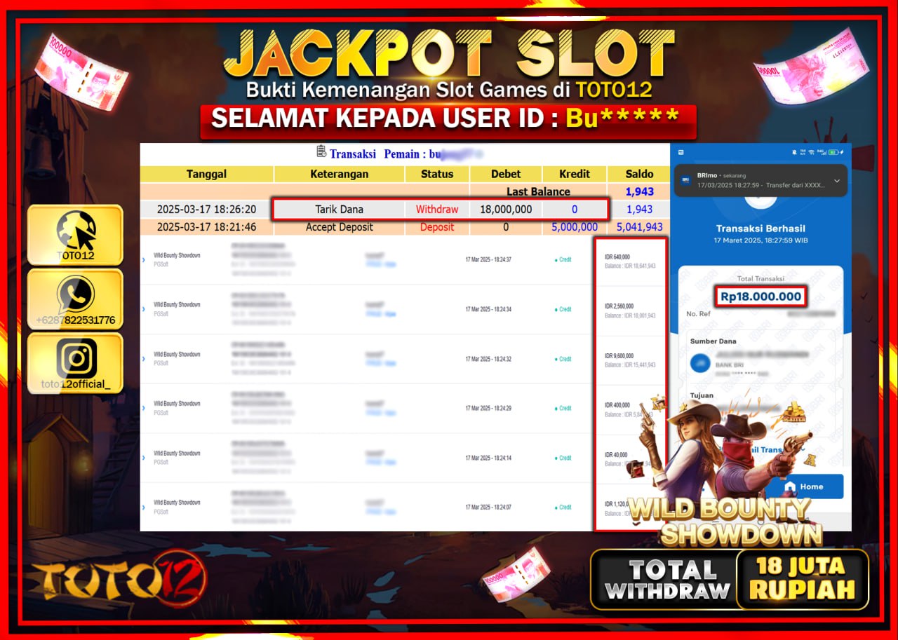 HANYA DI TOTO12 JP PASTI DI BAYAR LUNAS DAN CEPAT!!!!!! JACKPOT SLOT GAME (WILD BOUNTY SHOWDOWN) Rp.18.000.000 !!!!
