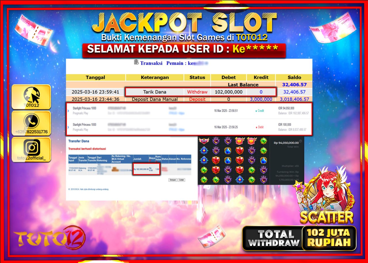 HANYA DI TOTO12 JP PASTI DI BAYAR LUNAS DAN CEPAT!!!!!! JACKPOT SLOT GAME (STARLIGHT PRINCESS 1000) Rp.102.000.000 !!!!