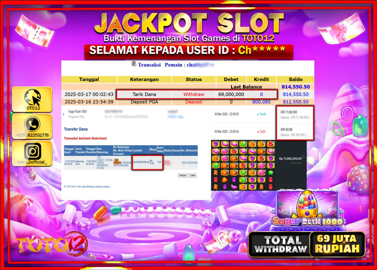 HANYA DI TOTO12 JP PASTI DI BAYAR LUNAS DAN CEPAT!!!!!! JACKPOT SLOT GAME (SUGAR RUSH 1000) Rp.69.000.000 !!!!