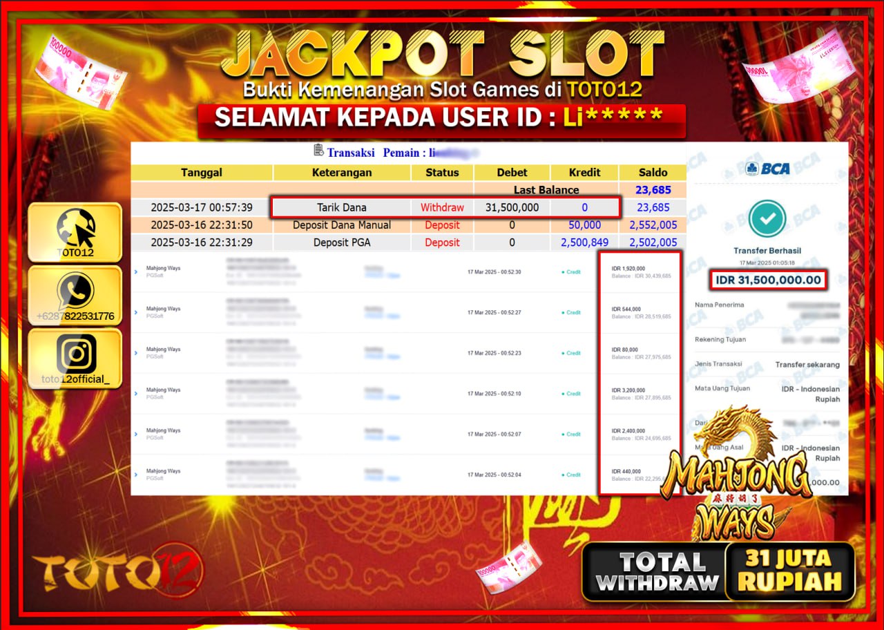HANYA DI TOTO12 JP PASTI DI BAYAR LUNAS DAN CEPAT!!!!!! JACKPOT SLOT GAME (MAHJONG WAYS) Rp.31.000.000 !!!!
