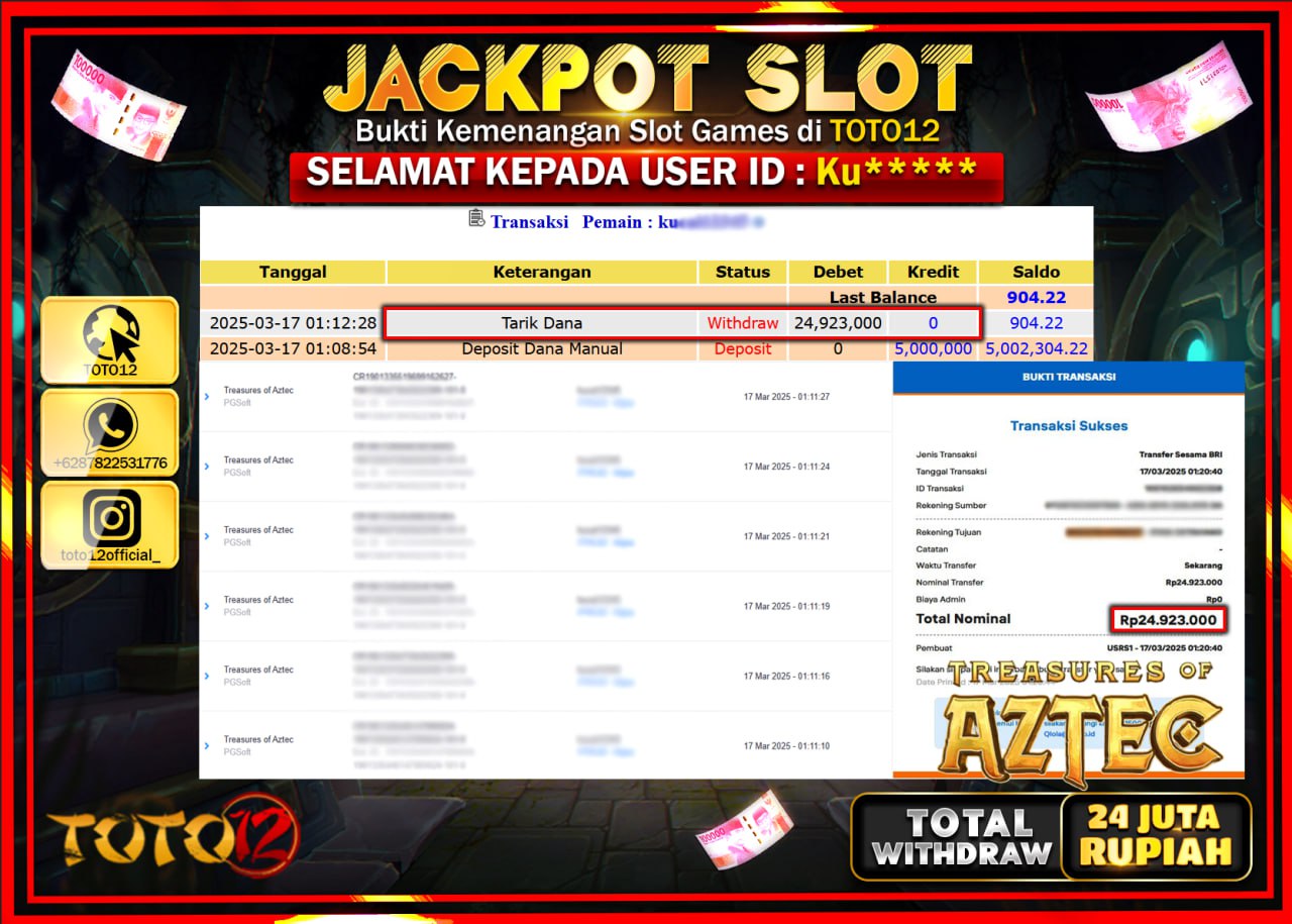 HANYA DI TOTO12 JP PASTI DI BAYAR LUNAS DAN CEPAT!!!!!! JACKPOT SLOT GAME (TREASURES OF AZTEC) Rp.24.000.000 !!!!