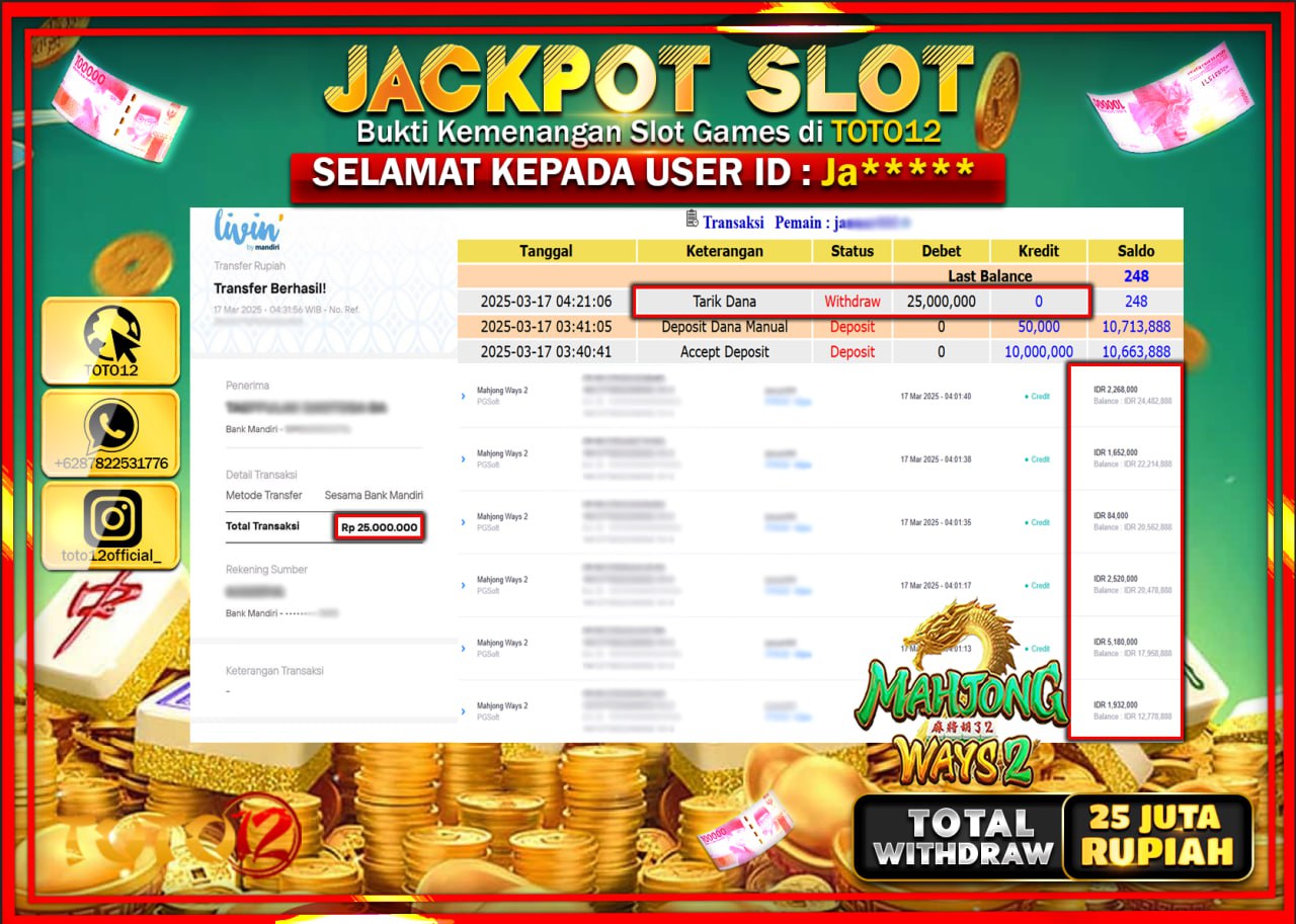 HANYA DI TOTO12 JP PASTI DI BAYAR LUNAS DAN CEPAT!!!!!! JACKPOT SLOT GAME (MAHJONG WAYS 2) Rp.25.000.000 !!!!