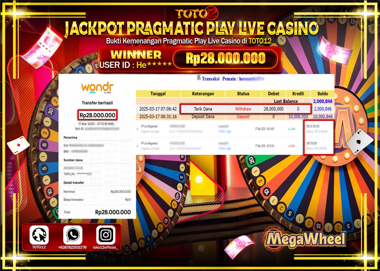 HANYA DI TOTO12 JP PASTI DI BAYAR LUNAS DAN CEPAT!!!!!! JACKPOT PRAGMATIC PLAY LIVE CASINO (MEGA WHEEL) Rp.28.000.000 !!!!