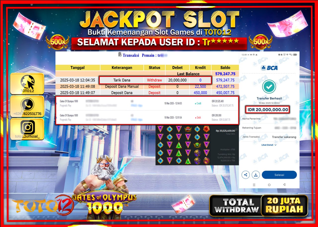 HANYA DI TOTO12 JP PASTI DI BAYAR LUNAS DAN CEPAT!!!!!! JACKPOT SLOT GAME (GATES OF OLYMPUS 1000) Rp.20.000.000 !!!!