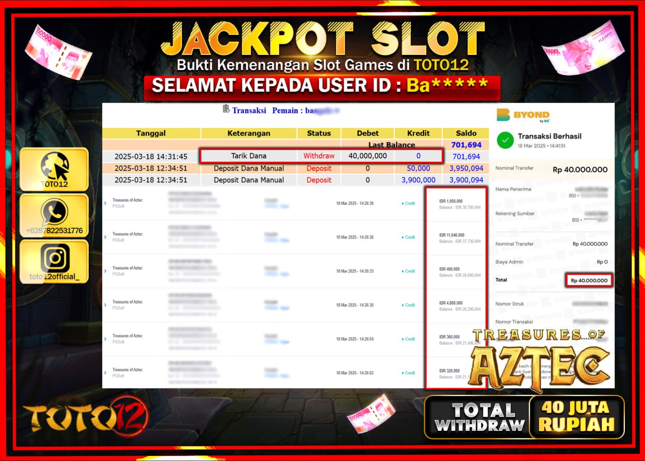 HANYA DI TOTO12 JP PASTI DI BAYAR LUNAS DAN CEPAT!!!!!! JACKPOT SLOT GAME (TREASURES OF AZTEC) Rp.40.000.000 !!!!