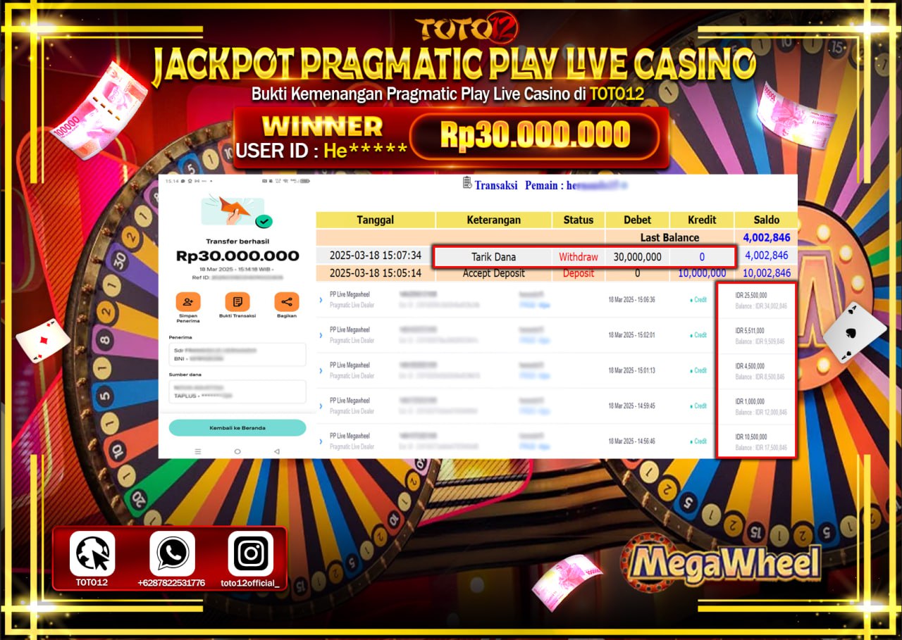 HANYA DI TOTO12 JP PASTI DI BAYAR LUNAS DAN CEPAT!!!!!! JACKPOT PRAGMATIC PLAY LIVE CASINO (MEGA WHEEL) Rp.30.000.000 !!!!
