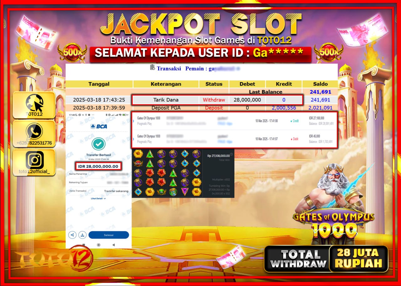 HANYA DI TOTO12 JP PASTI DI BAYAR LUNAS DAN CEPAT!!!!!! JACKPOT SLOT GAME (GATES OF OLYMPUS 1000) Rp.28.000.000 !!!!