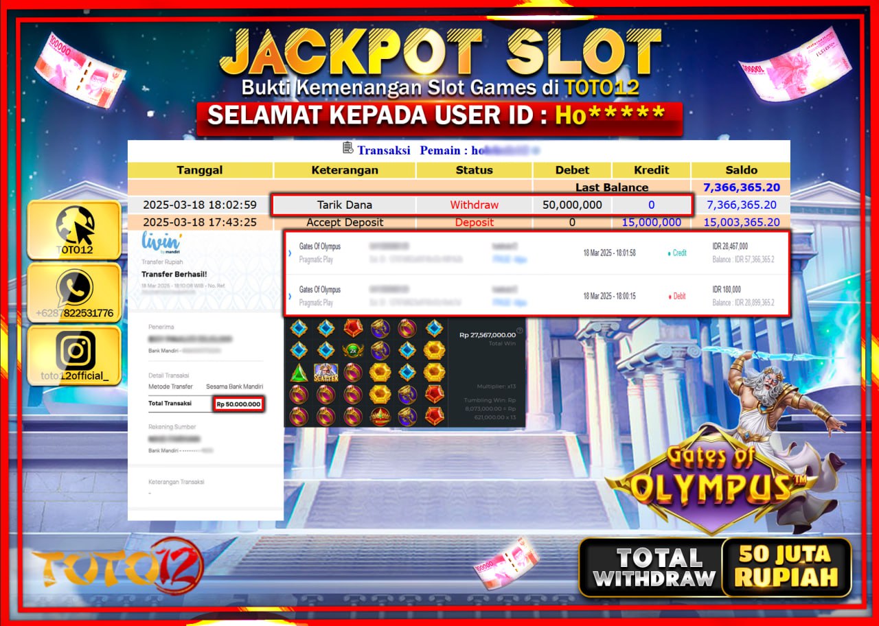 HANYA DI TOTO12 JP PASTI DI BAYAR LUNAS DAN CEPAT!!!!!! JACKPOT SLOT GAME (GATES OF OLYMPUS) Rp.50.000.000 !!!!
