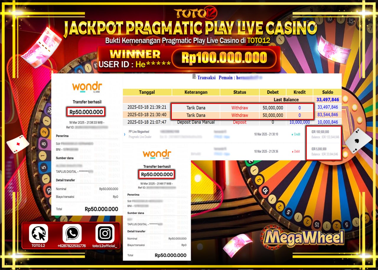 HANYA DI TOTO12 JP PASTI DI BAYAR LUNAS DAN CEPAT!!!!!! JACKPOT PRAGMATIC PLAY LIVE CASINO (MEGA WHEEL) Rp.100.000.000 !!!!