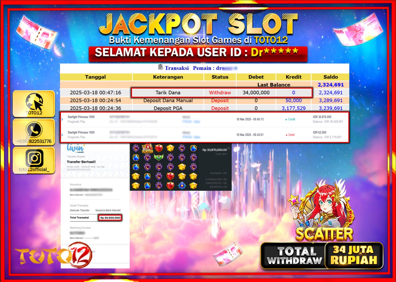 HANYA DI TOTO12 JP PASTI DI BAYAR LUNAS DAN CEPAT!!!!!! JACKPOT SLOT GAME (STARLIGHT PRINCESS 1000) Rp.34.000.000 !!!!