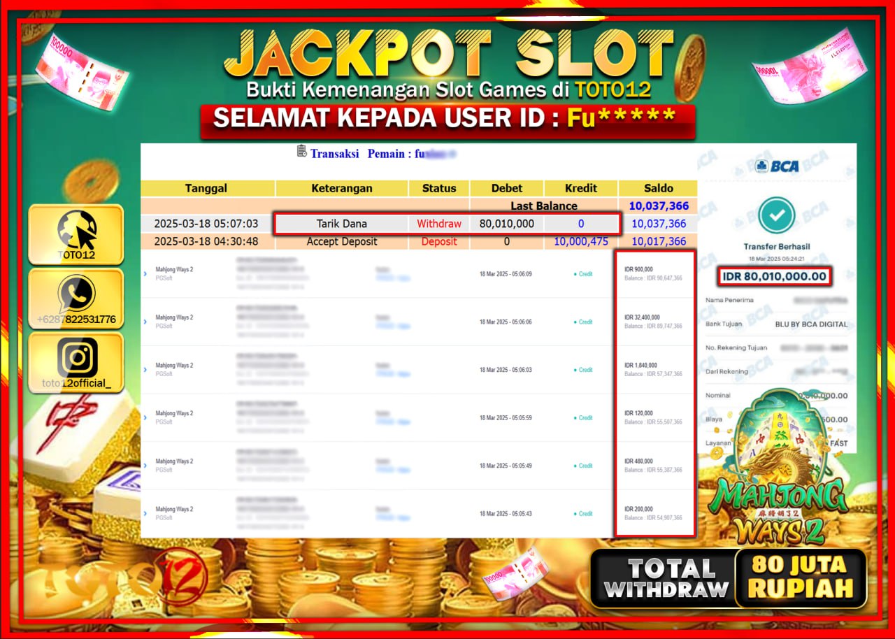 HANYA DI TOTO12 JP PASTI DI BAYAR LUNAS DAN CEPAT!!!!!! JACKPOT SLOT GAME (MAHJONG WAYS 2) Rp.80.000.000 !!!!