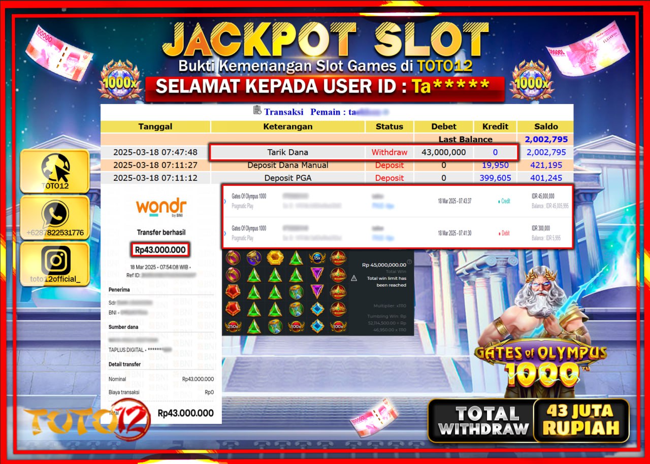 HANYA DI TOTO12 JP PASTI DI BAYAR LUNAS DAN CEPAT!!!!!! JACKPOT SLOT GAME (GATES OF OLYMPUS 1000) Rp.43.000.000 !!!!