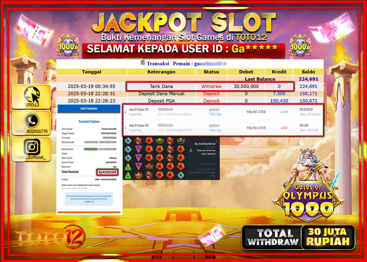 HANYA DI TOTO12 JP PASTI DI BAYAR LUNAS DAN CEPAT!!!!!! JACKPOT SLOT GAME (GATES OF OLYMPUS 1000) Rp.30.000.000 !!!!