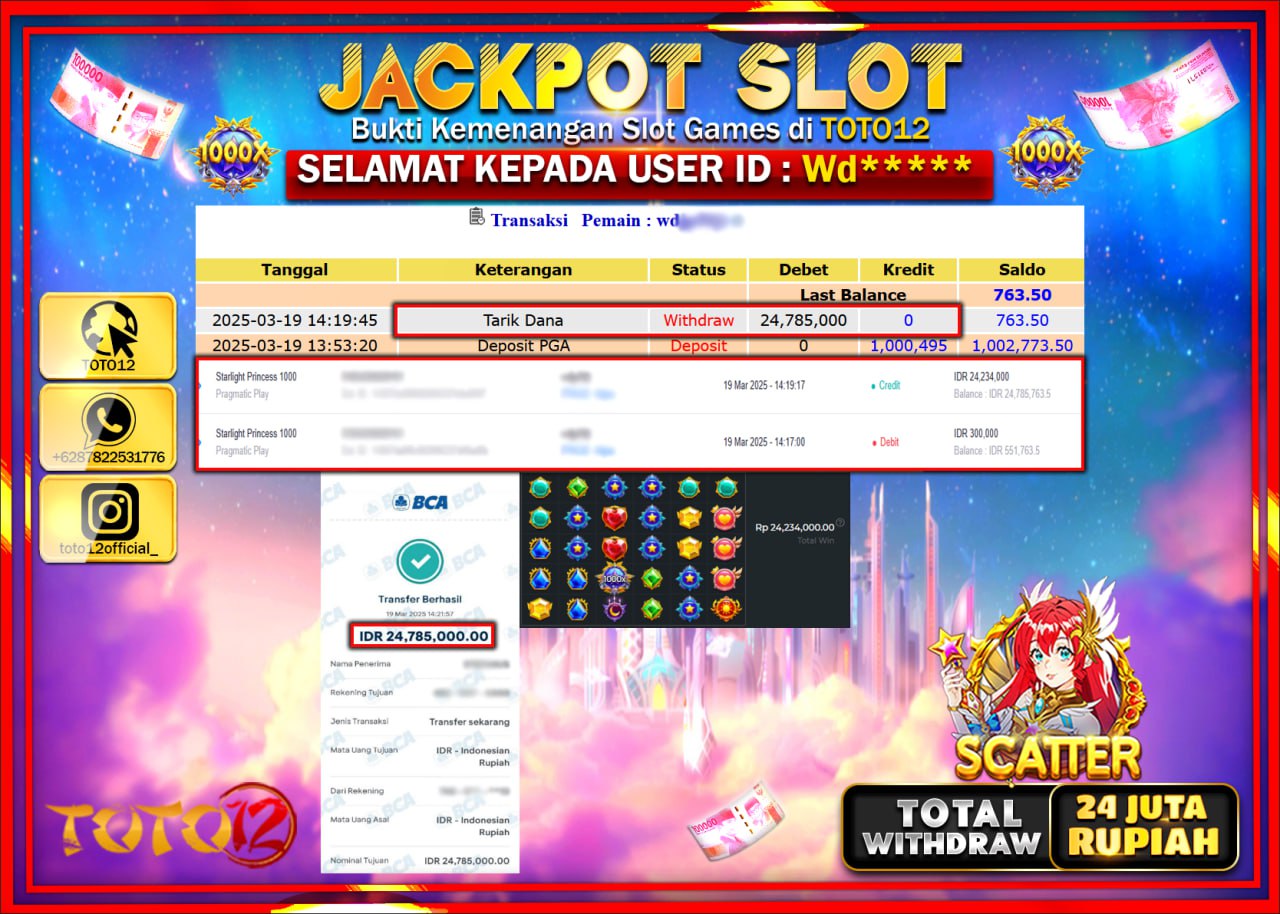 HANYA DI TOTO12 JP PASTI DI BAYAR LUNAS DAN CEPAT!!!!!! JACKPOT SLOT GAME (STARLIGHT PRINCESS 1000) Rp.24.000.000 !!!!
