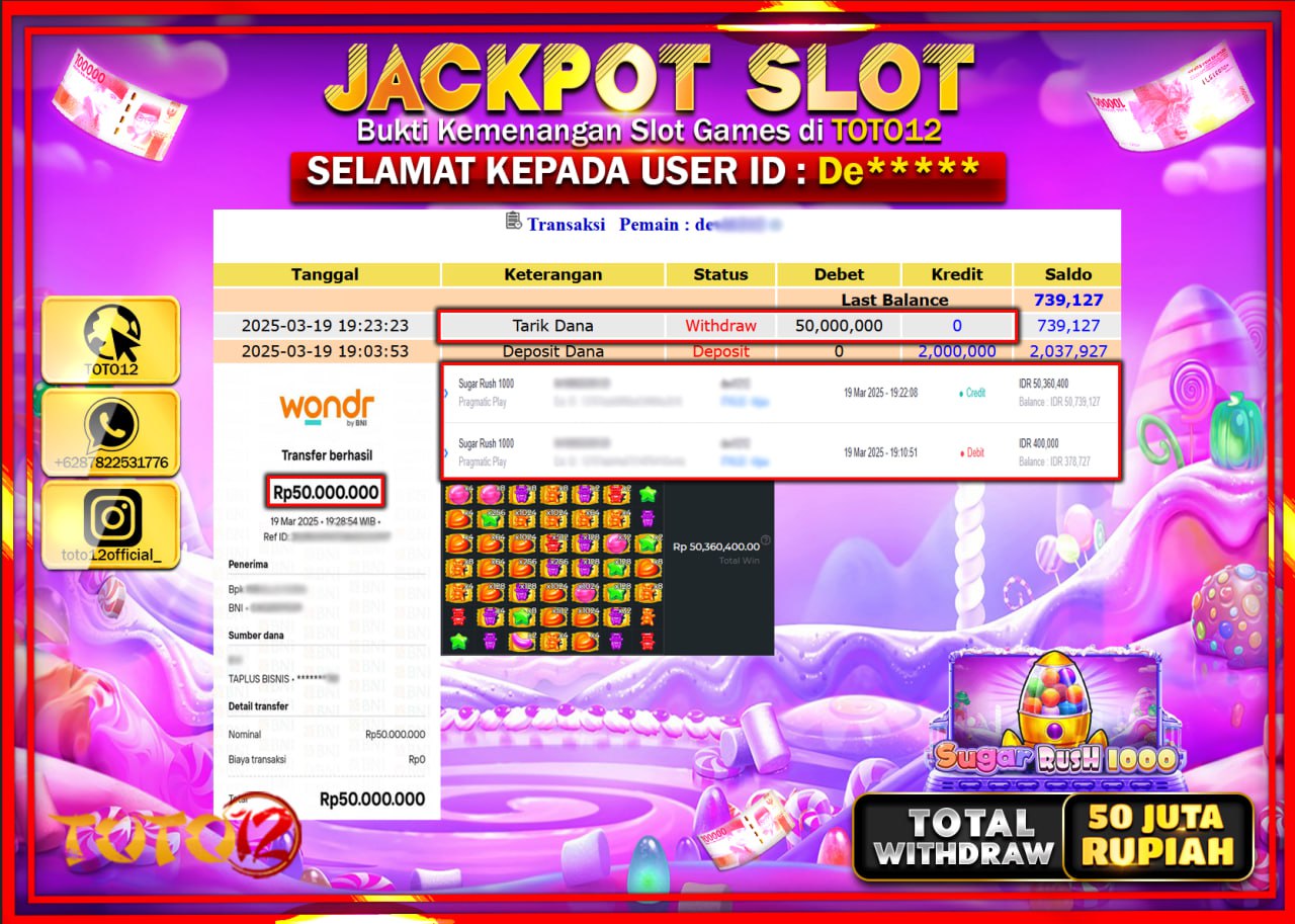 HANYA DI TOTO12 JP PASTI DI BAYAR LUNAS DAN CEPAT!!!!!! JACKPOT SLOT GAME (SUGAR RUSH 1000) Rp.50.000.000 !!!!