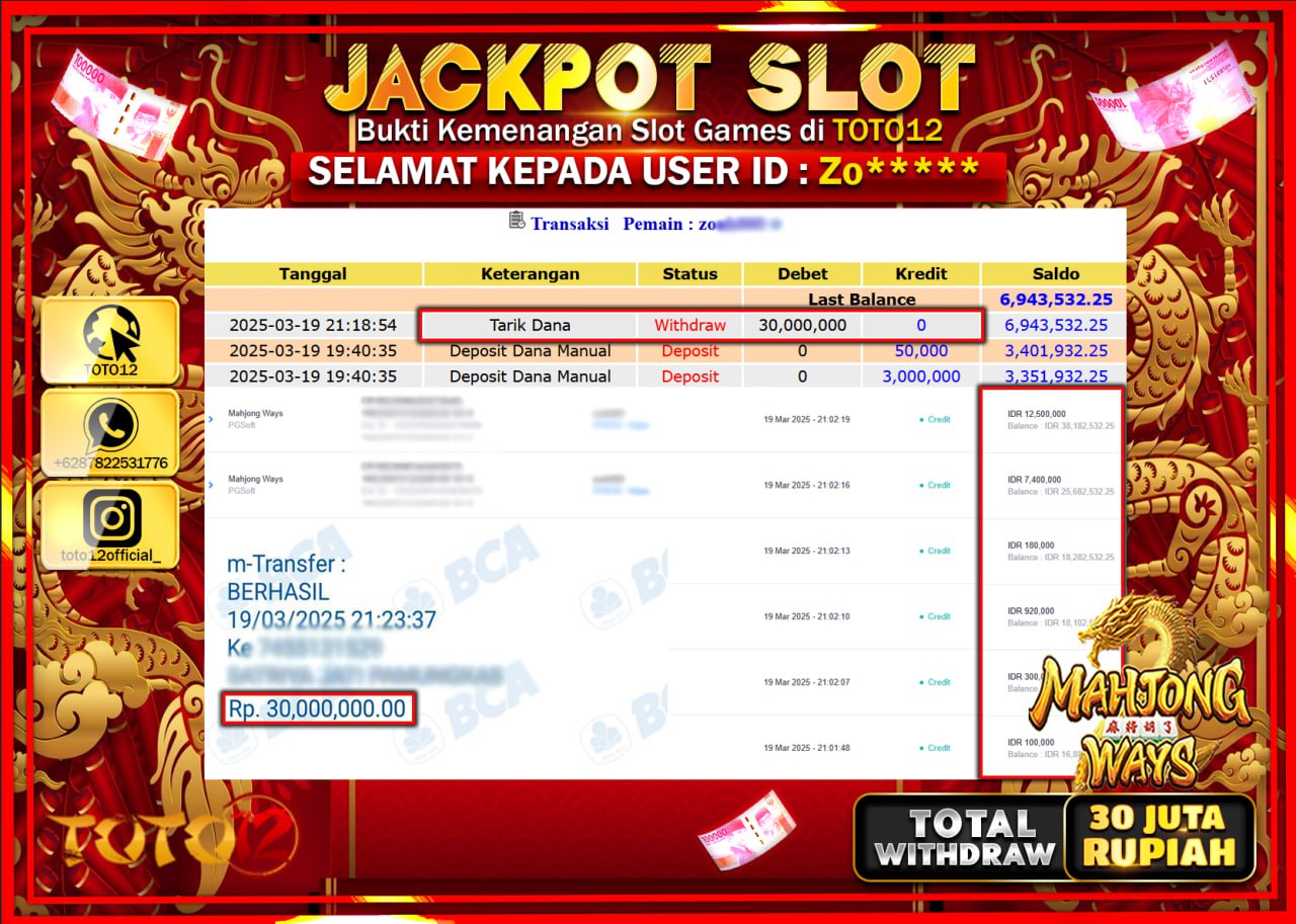 HANYA DI TOTO12 JP PASTI DI BAYAR LUNAS DAN CEPAT!!!!!! JACKPOT SLOT GAME (MAHJONG WAYS) Rp.30.000.000 !!!!